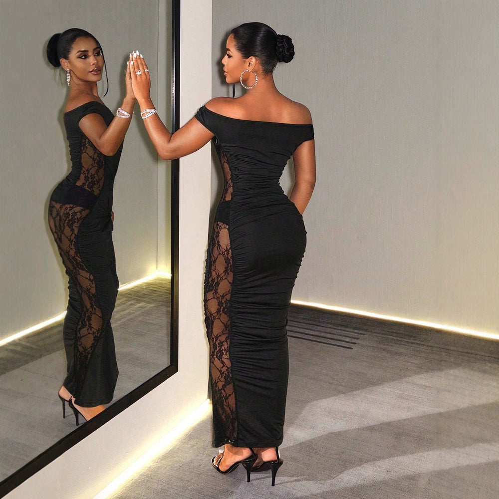 Fashionlacepatchworkfake two-piece see-throughtube toplongdressclassy evening dresselegant cross-border