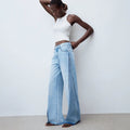 Fashionjeans women's light blue contrast color side seam patchwork wide-leg pants raw edge trousers washed loosemop denim
