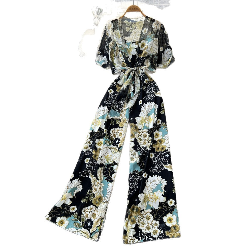 Commuter style v neckfloralsprintingtwo-piece set female autum light mature styleslimming look wide-leg jumpsuitelegantsuit