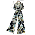 Commuter style v neckfloralsprintingtwo-piece set female autum light mature styleslimming look wide-leg jumpsuitelegantsuit