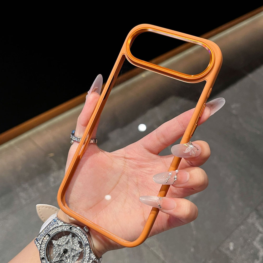 Suitable for iphone 17 air orange phone case, 15 apple 16 transparent hard case with gold shield metal lens ring, drop-proof