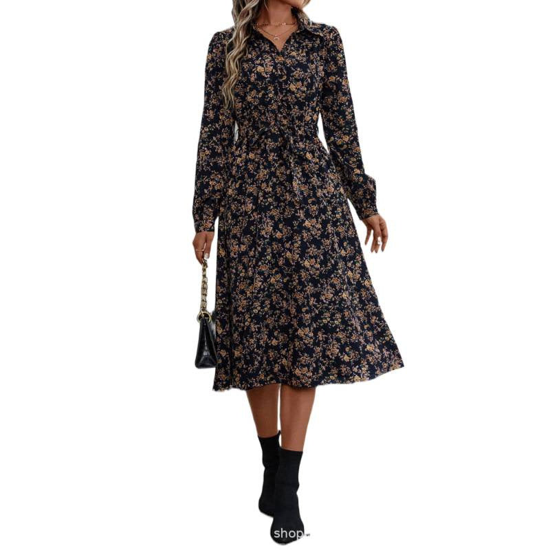 Women's  autumn new arrivals: women's v-neck floral mini dress with long sleeves and a-line asymmetrical placket