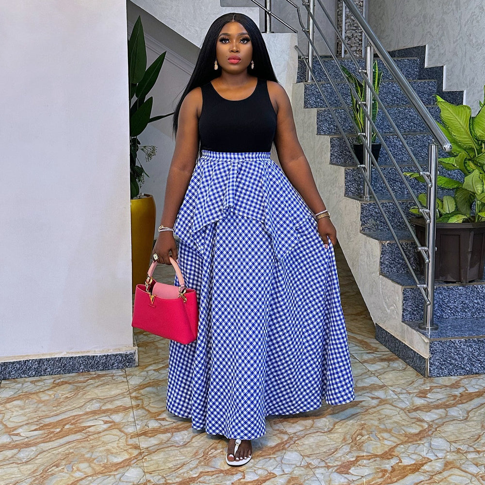 European and american cross-border african women's clothing  summer new fashion casual high-waisted slimming plaid long midi skirt