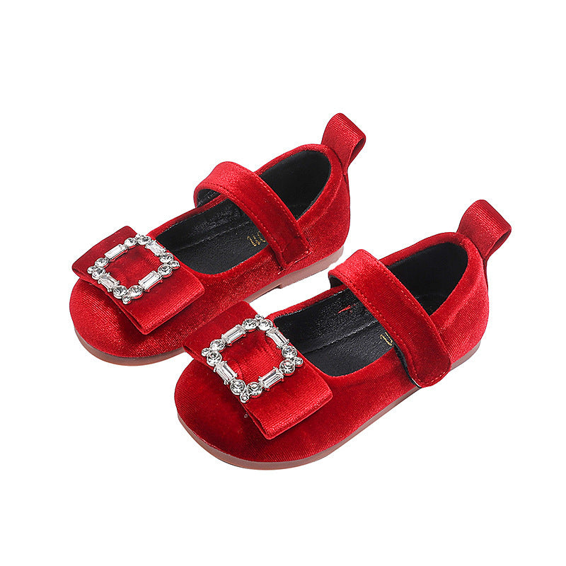 Vancahao girls' korean style princess shoes,  spring new collection, children's rhinestone square buckle loafers, soft sole single shoes