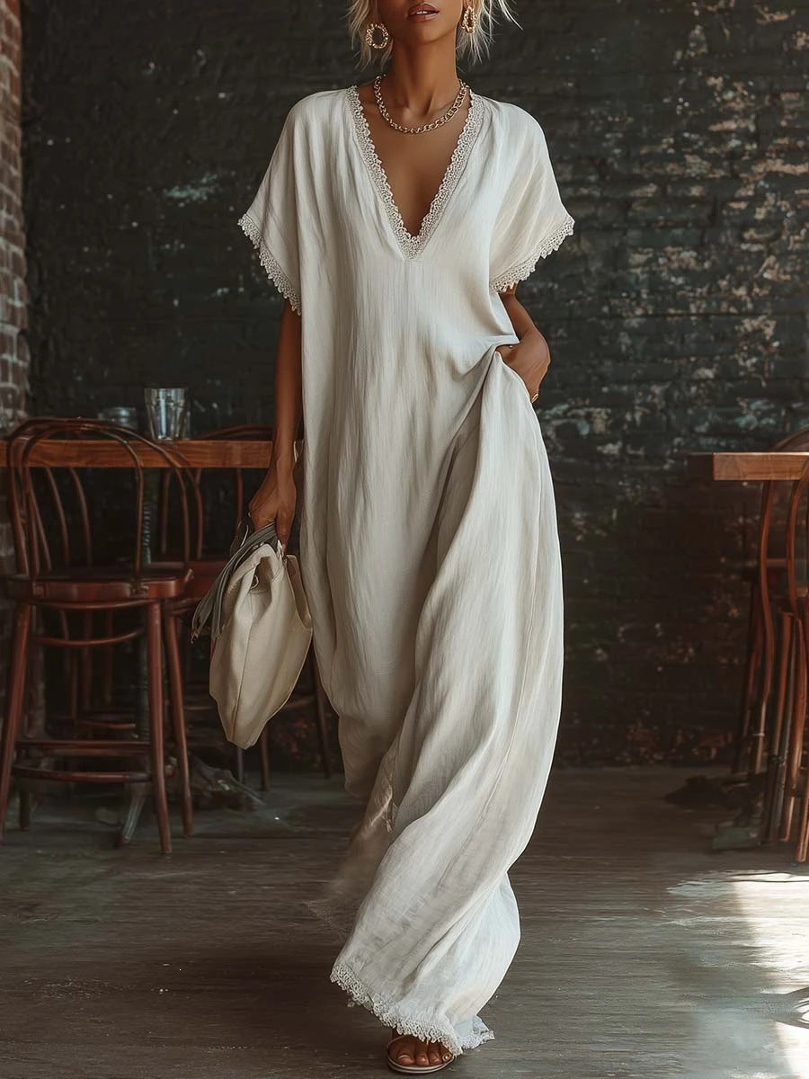 spring/summer collection: independent website, , us & european market - casual, elegant, comfortable, lace-trimmed, loose-fit linen-cotton maxi dress