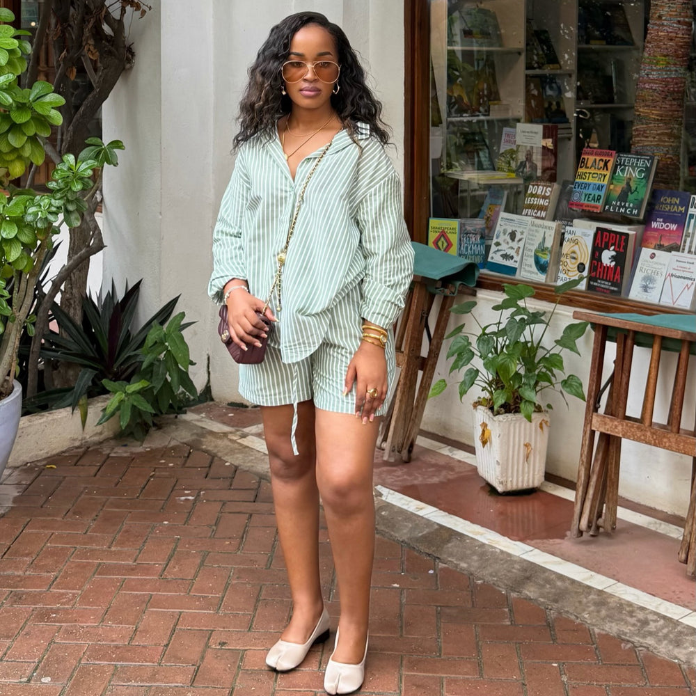European and american cross-border women's fashion:  summer new arrivals - stylish loose striped long-sleeve shirt and high-waisted shorts casual set