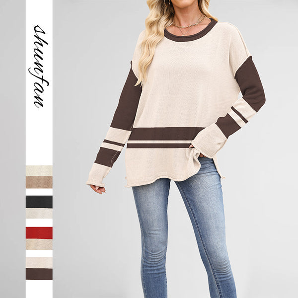 New 2025 knitted sweater autumn and winter European and American women's clothing  hot sale color matching round neck loose casual pullover sweater