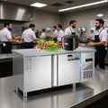 Commercial stainless steel prep table with refrigerated and frozen storage – dual temperature flat worktop for kitchen use