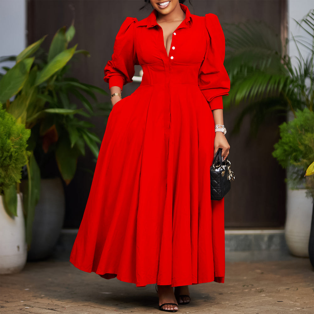 D570 cross-border women's elegant long-sleeve a-line shirt dress - stylish solid color mid-length african dress