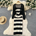 Striped knit cami dress + crochet openwork sun protection cardigan set - chic & elegant summer outfit for women