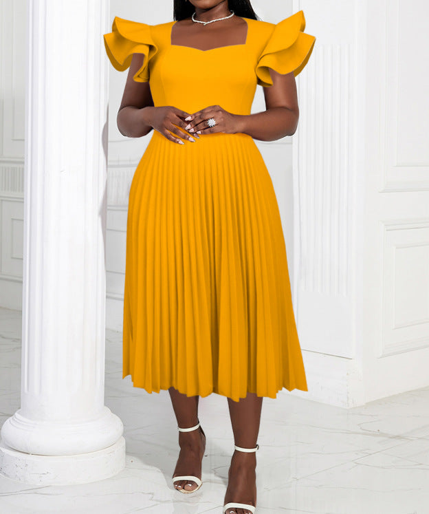 Am030117spring & fall purple square neck dress eleganceelegantcasualwork clothingpleated skirt dresses