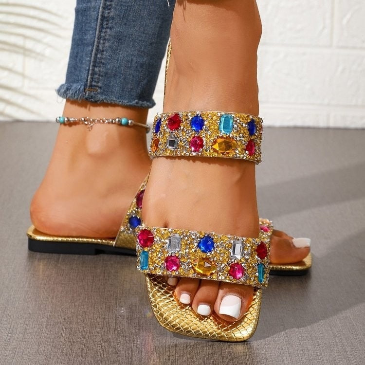 Wholesale women's plus size flat sandals:  new fashion rhinestone slingback square toe beach anti-slip slippers