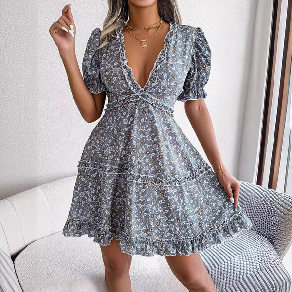 ins style real shot spring and summer sexy V-neck fungus edge pendulum floral dress,   European and American women's clothing
