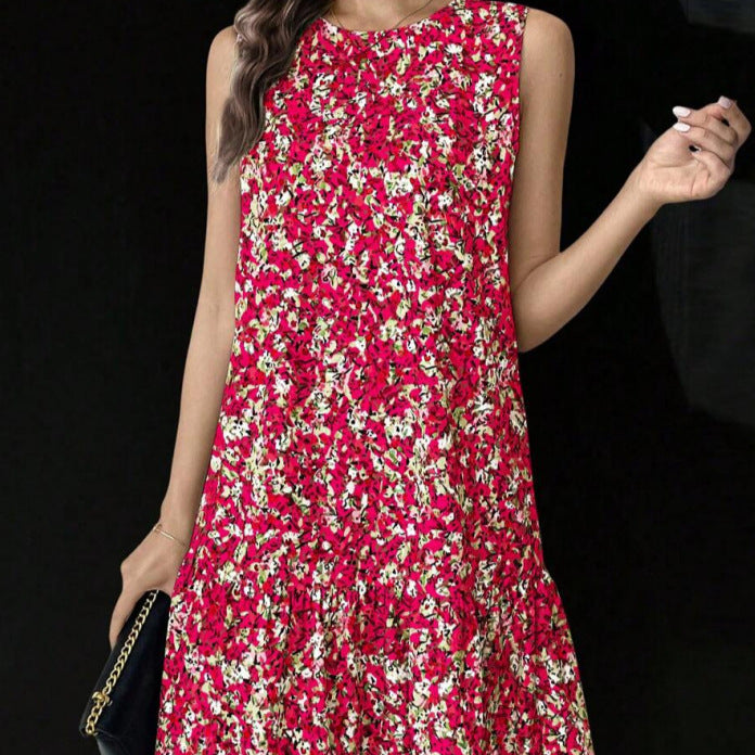 Women's european and american style floral sleeveless solid color round neck ruffle hem casual dress