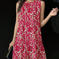 Women's european and american style floral sleeveless solid color round neck ruffle hem casual dress