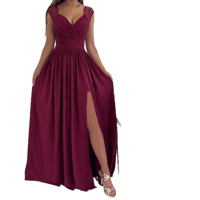 independent station  hot style sleeveless lace hem slit european and american women's dress