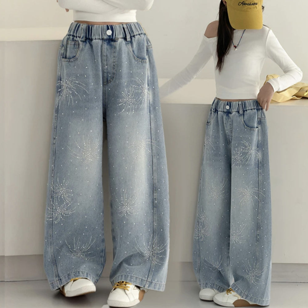 Girls'  new spring/autumn rhinestone fashion jeans, scimitar pants, super stylish straight-leg jeans, sparkling rhinestone versatile pants