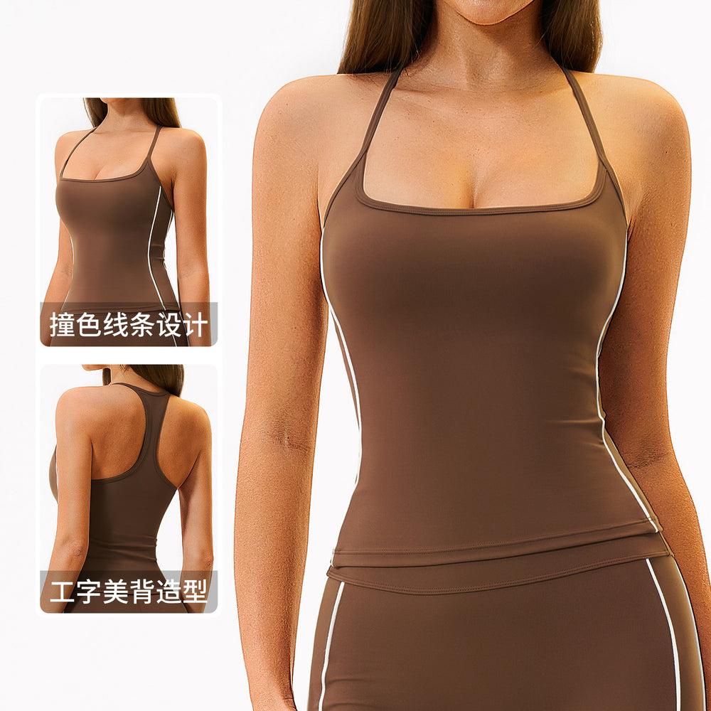 Color block brushed fleece compression tank top with removable pads - breathable, comfortable, quick-dry yoga & workout top 4539