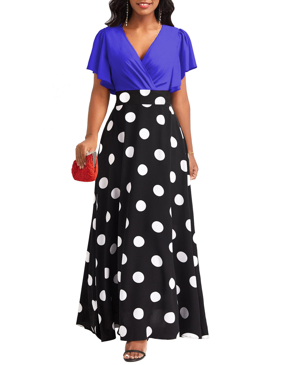new european and american fashion women's dress - elegant polka dot print, flattering ruffle sleeves, flowy maxi dress