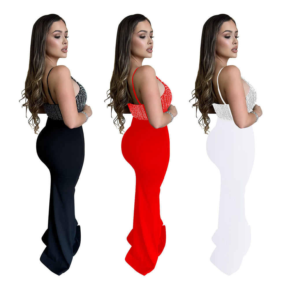 C7046 cross-border   fashion women's sleeveless v-neck maxi dress with rhinestone embellishments - new leg-exposed style