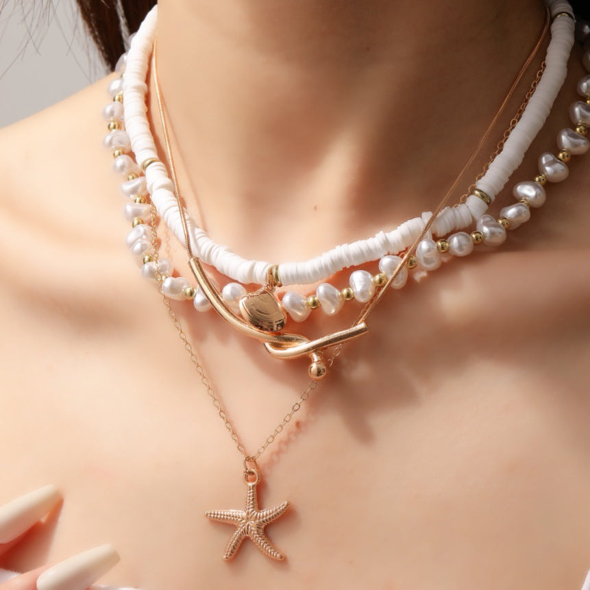 European and american cross-border summer beach soft clay imitation pearl beaded necklace niche irregular multi-layered starfish necklace