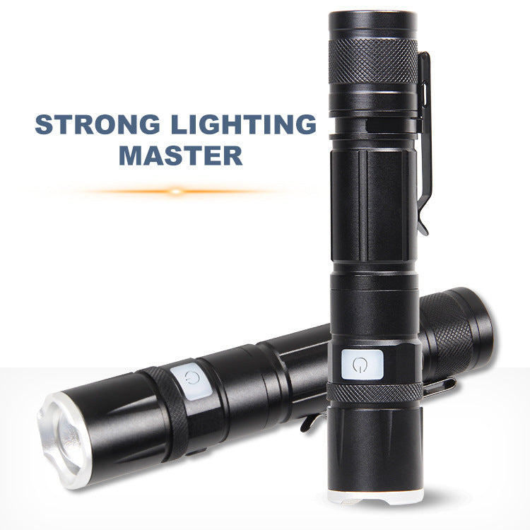 Cross-border new XHP50 strong light USB charging power display LED retractable zoom flashlight with pen buckle