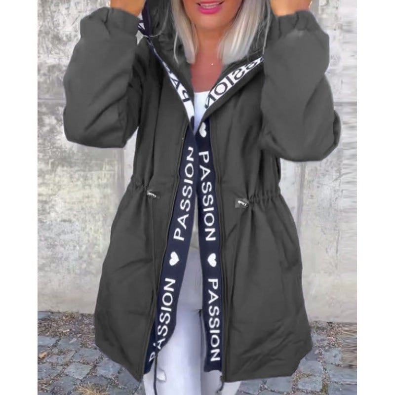 fashionwinternew arrivalcasual hooded drawstring zipper flap pocket pantsletter cotton jacketoutwear women's clothing