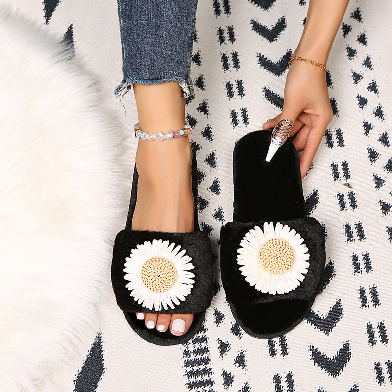 2024new arrival women's large size fur slippers fall and winter flip-flops flat heel open toe popular sunflower heattech floor slippers