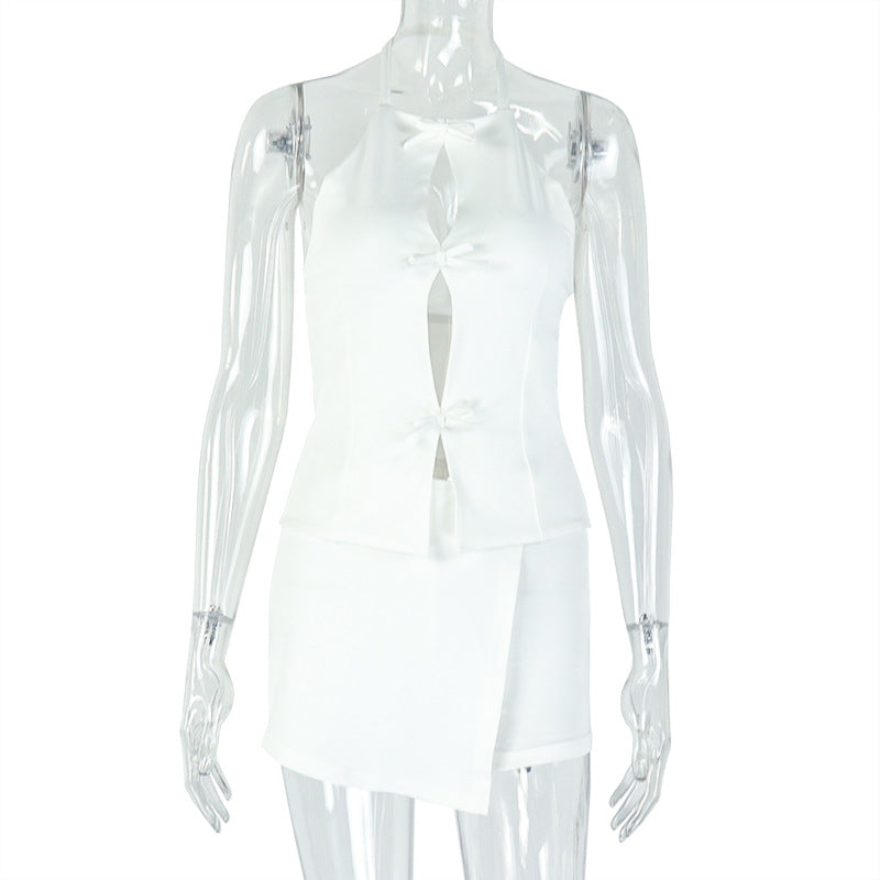European and american style cross-border chic women's new summer solid color hollow-out pleated bodycon midi skirt two-piece set for women's parties