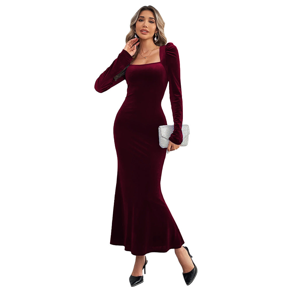 fall/winter cross-border european and american style bodycon long sleeve velvet mermaid maxi dress - perfect for banquets, parties, and summer events