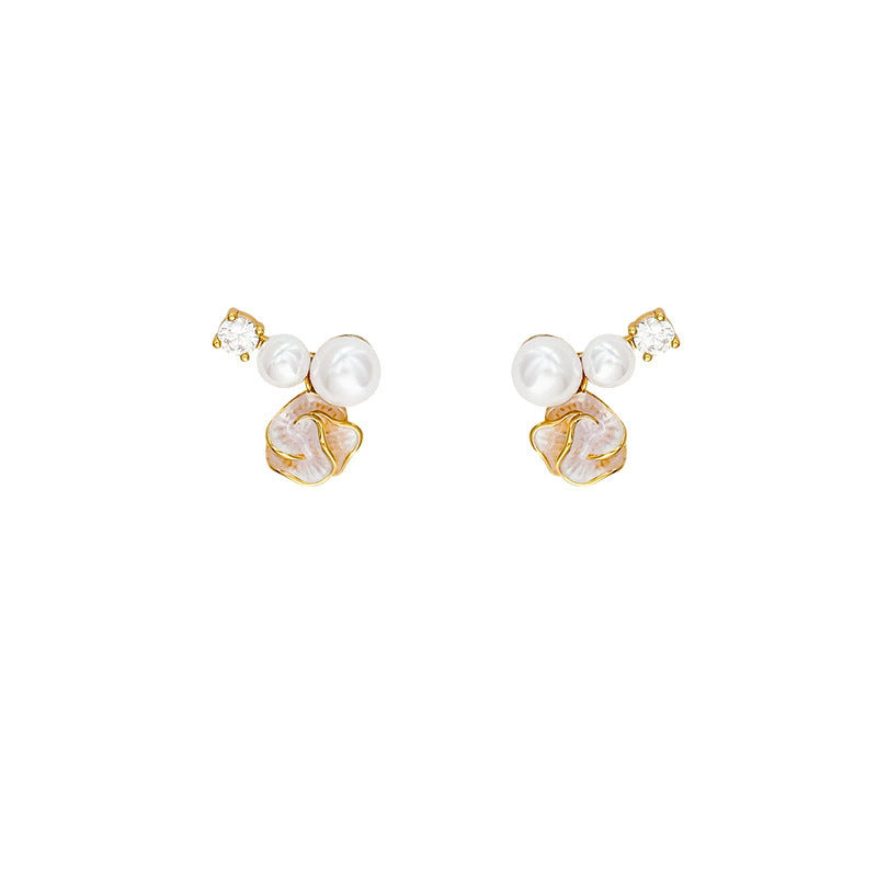 Sterling silver needle drop glaze camellia earrings gentle elegantclassy champagne pearl element sense of design sparkling zircon earrings