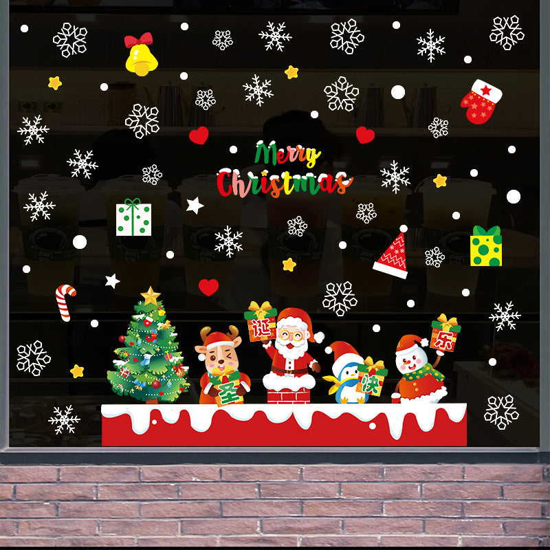 Cheerful Christmas decoration glass door sticker shop window scene arrangement Santa snowman no glue static sticker
