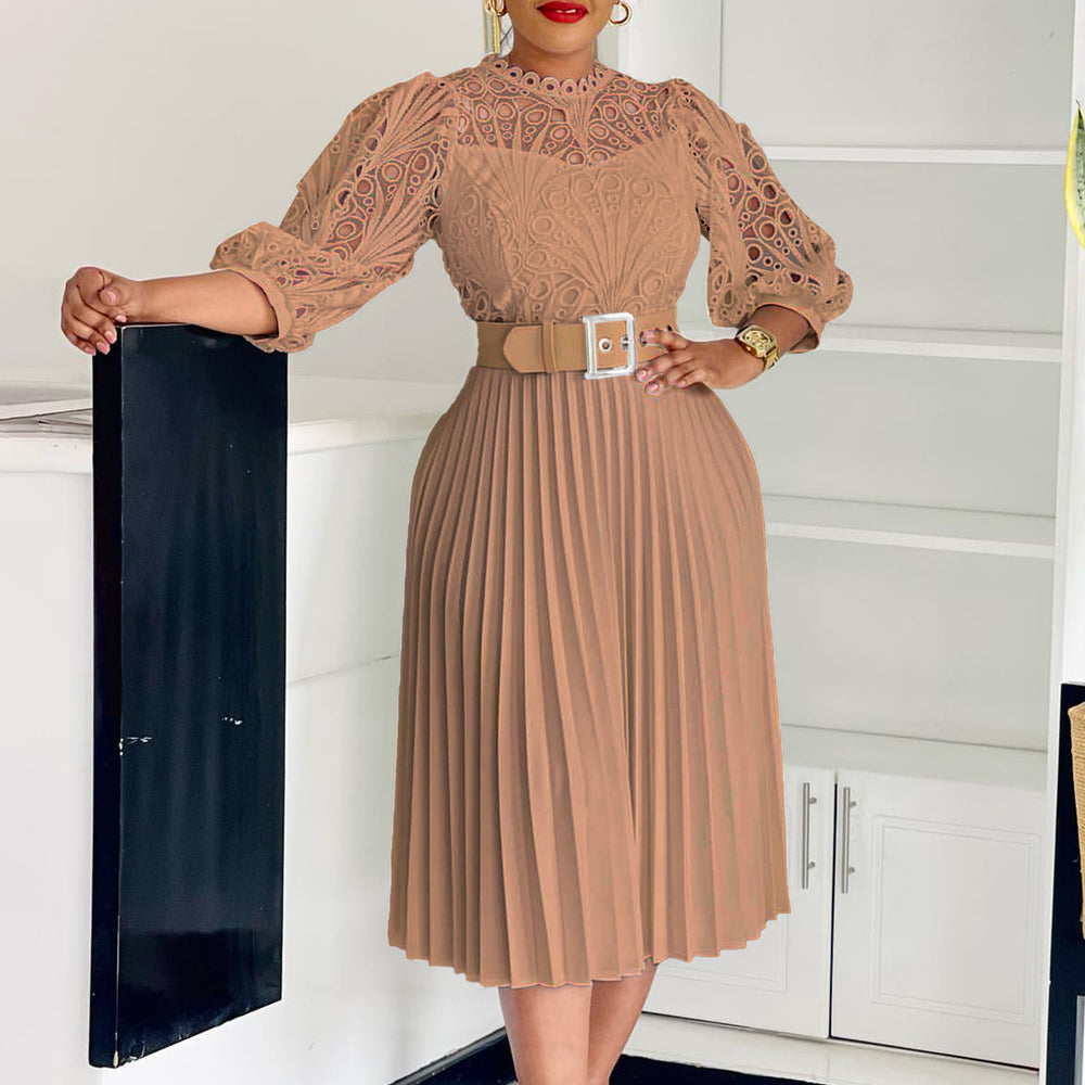 C8595 european and american export women's clothing  new arrival elegant solid color lace crochet hollow-out pleated cross-border dress