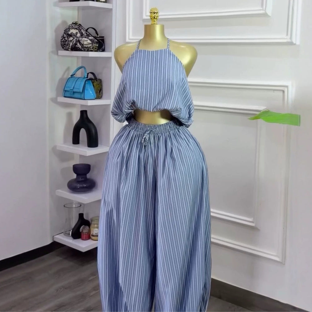 European and american cross-border women's fashion:  summer new collection - striped sleeveless top with drawstring wide-leg pants set