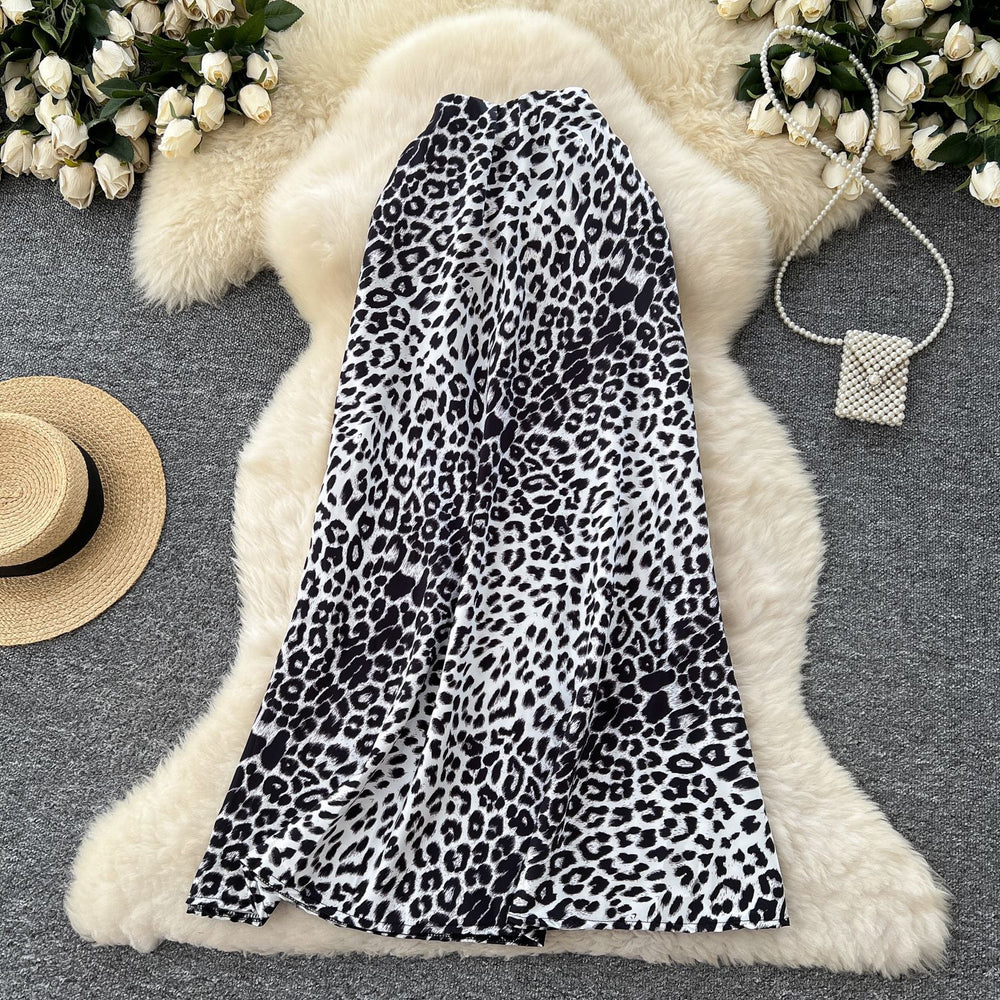 Classyelegant leopard print printingsatin skirt women's summerfrencheasiest for matchsilmslimming look mid-length mermaid dress