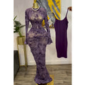 European and american cross-border women's fashion:  autumn new sexy purple print see-through bodycon dress with camisole two-piece set
