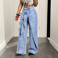 Fashionjeans women's light blue snowflake washed fake two-piece ribbon wide-leg pants american hot girl high waist deconstructed style