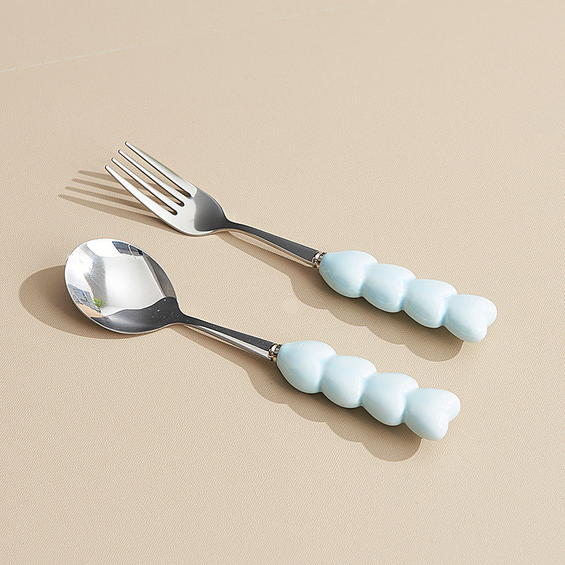 Heart-shaped ceramic stainless steel fork and spoon set - high-temperature underglaze decoration - wedding & celebration dinnerware - wholesale
