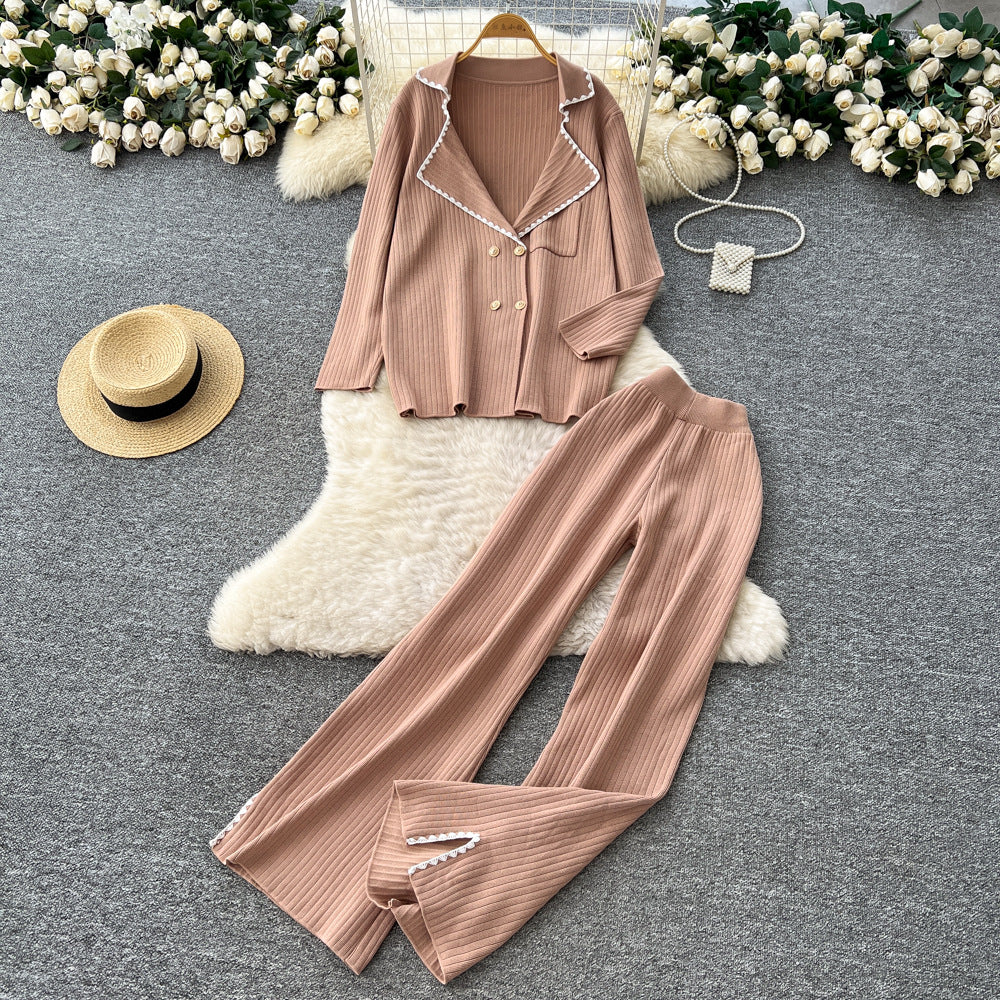 Xiaoxiangfengfashion western style suit collar long sleevesknittingtops women's high waistloose straight-leg pantsautum outfitsuit