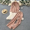 Xiaoxiangfengfashion western style suit collar long sleevesknittingtops women's high waistloose straight-leg pantsautum outfitsuit