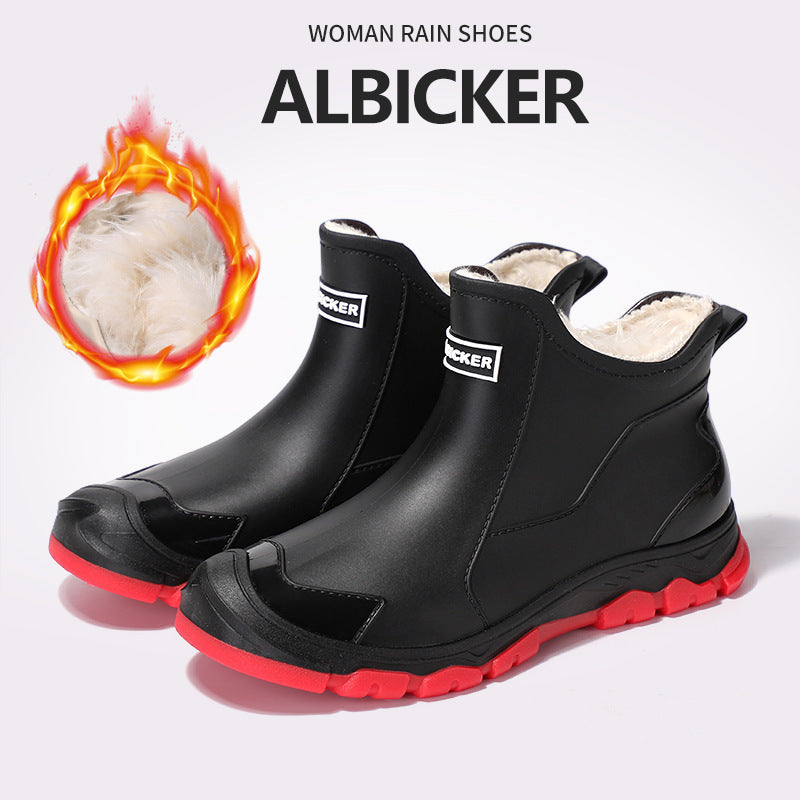 Men's rain boots - autumn/winter outdoor fishing waterproof short boots - men's non-slip kitchen/takeout water shoes - fleece-lined cotton boots