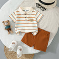 new boys' waffle knit striped polo shirt set with bear embroidery short sleeve outfit
