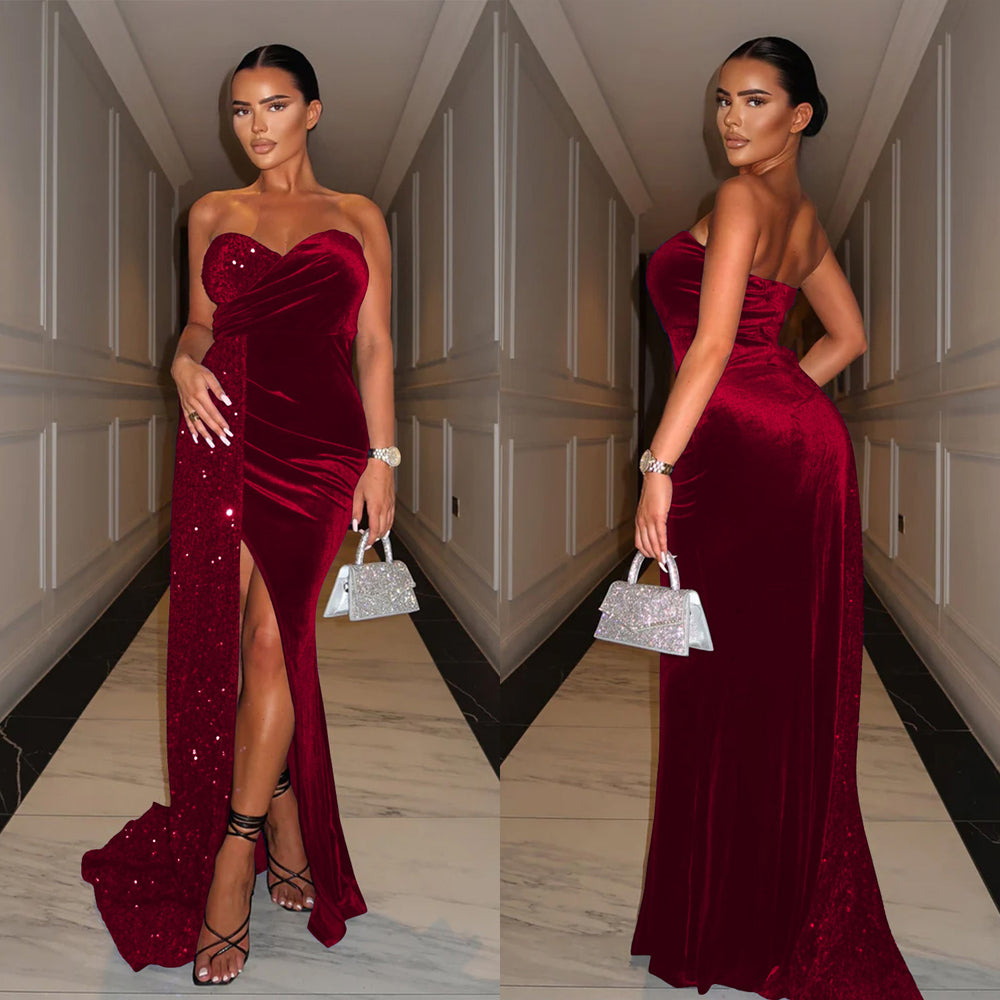 C6712 cross-border   fashion women's sexy sequin patchwork wrap dress
