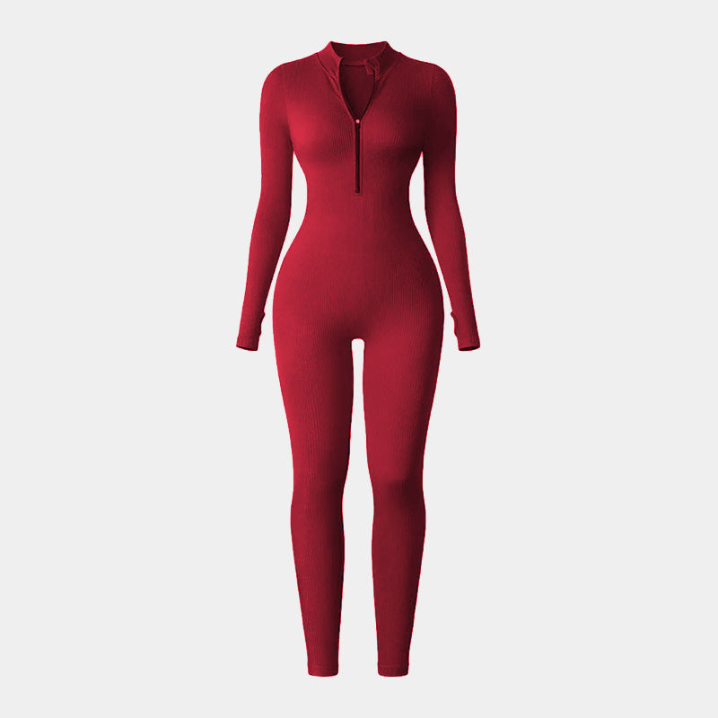 popular thick-threaded sports jumpsuit women's zipper thumb hole tight long-sleeved stand-up collar yoga clothes Europe and America