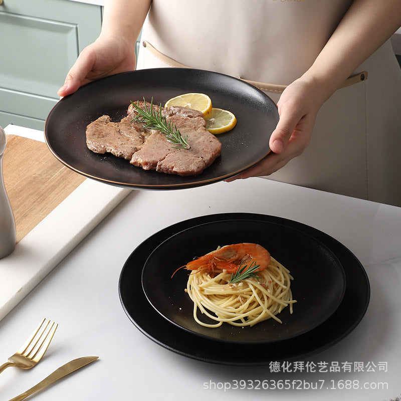 Creative black matte steak plate, japanese-style western dinner plate, commercial ceramic shallow dish for hotel and restaurant use, microwave safe