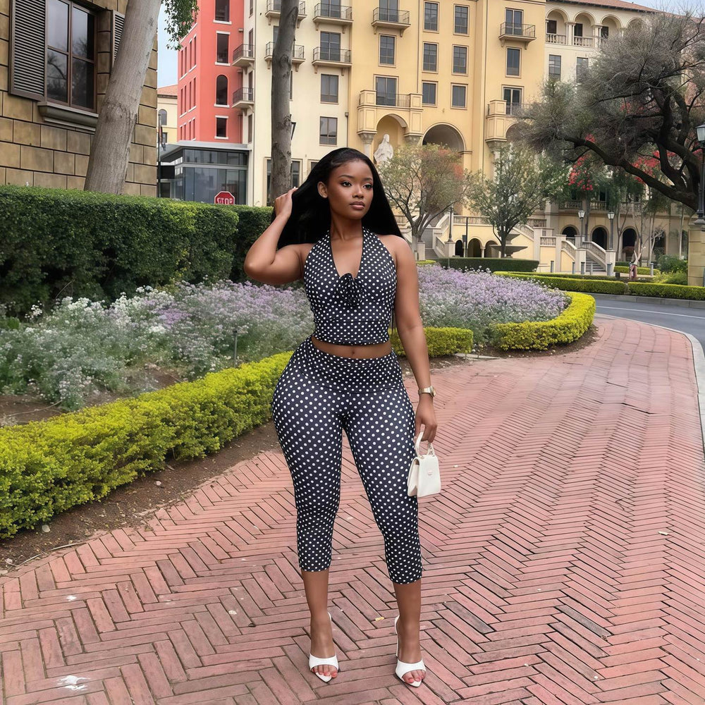 European and american cross-border women's fashion  autumn new sleeveless v-neck halter backless top and leggings casual two-piece set