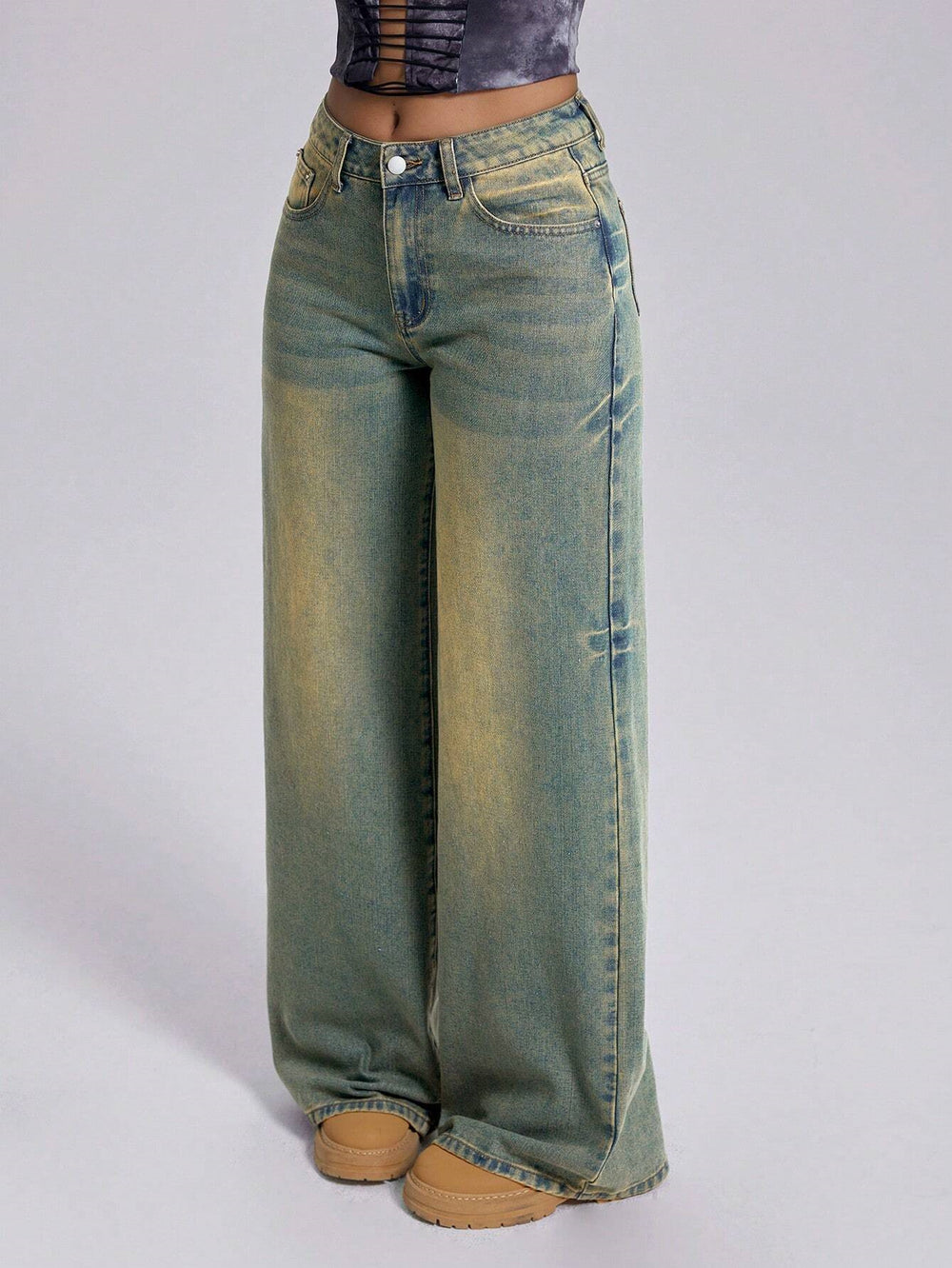 Fashionjeans women's yellow mud distressed gradient washed high waist wide leg mop pants cross-border loose denim pants