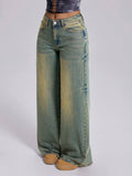 Fashionjeans women's yellow mud distressed gradient washed high waist wide leg mop pants cross-border loose denim pants