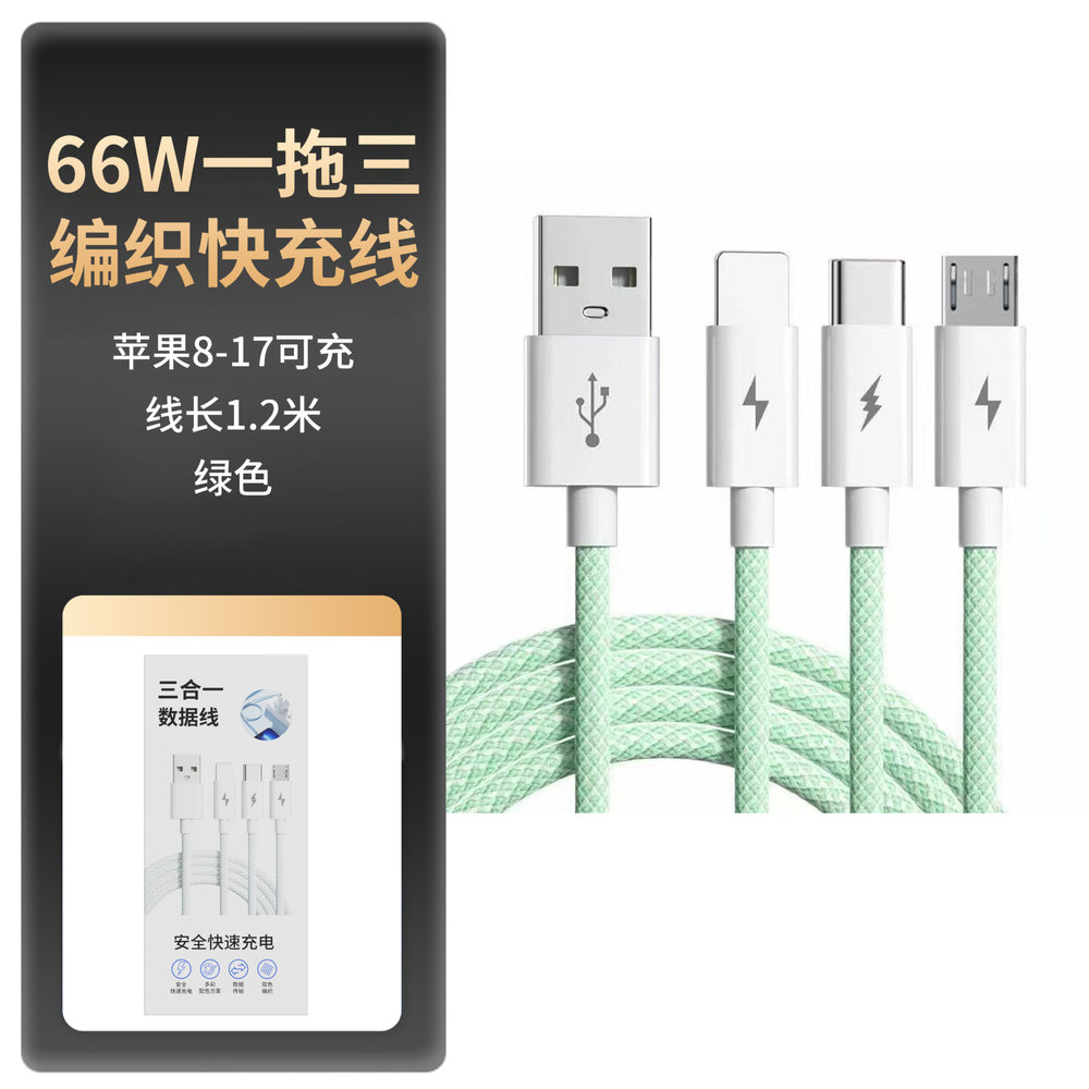 66w fast charging 3-in-1 braided data cable - macaron color, single to triple, car mount compatible, multi-head, suitable for apple, huawei, and android devices