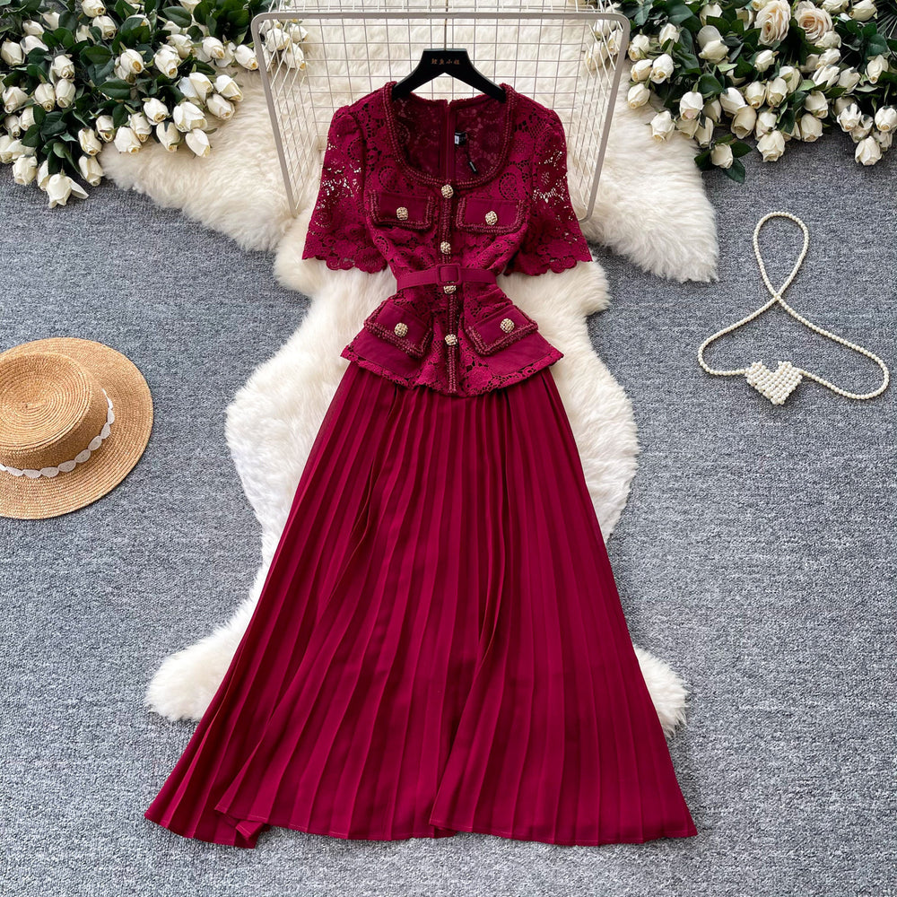 Elegant red lace short-sleeve patchwork dress - women's summer high-end commute style with pleated skirt